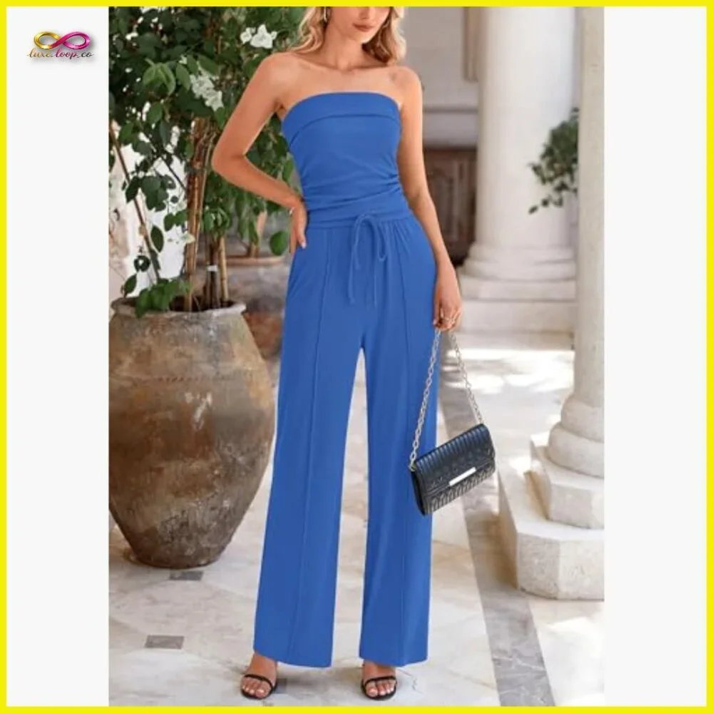 Ribbed Knit Tube Top Wide Leg Pants Matching Lounge Set Soft Stretchy